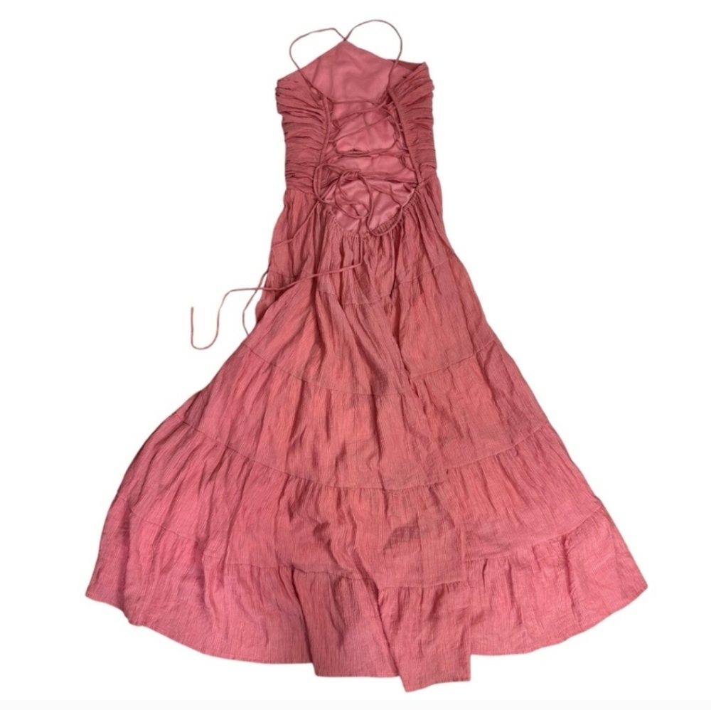 LULUS Effortless Sweetness Rusty Rose Ruched Lace-Up Tiered Midi Dress Sz XL - Picture 6 of 14